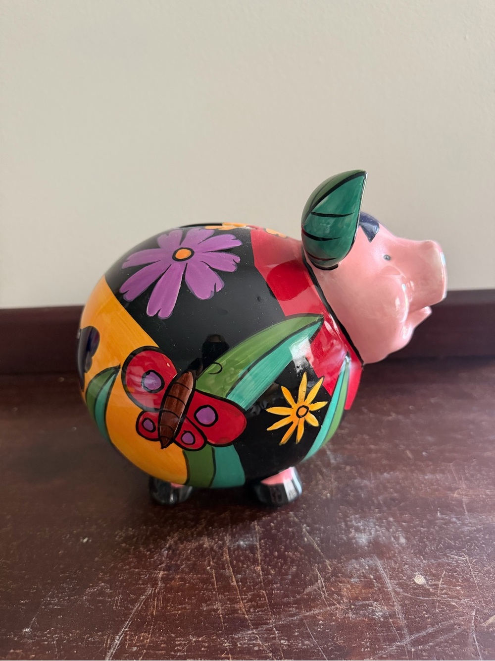 Hand-Painted Pink Piggy Bank with Floral Accents - Picture 4 of 10